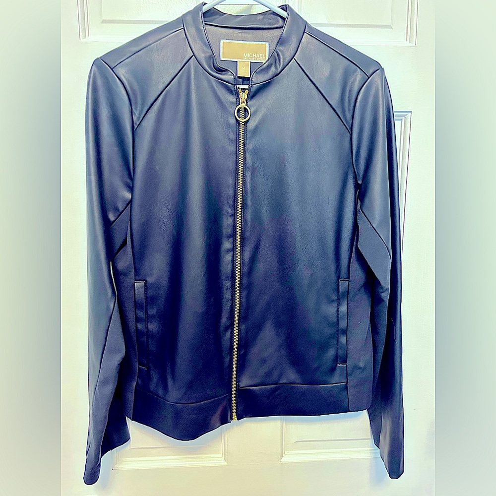 🔥WORN ONCE! Michael Kors Faux Leather w Stretch Sides Navy Blue Jacket Medium